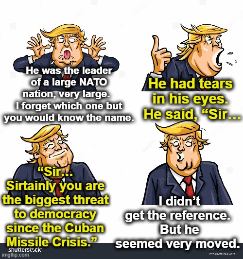 Trump Fabricated Stories | He had tears in his eyes.  He said, “Sir…; He was the leader of a large NATO nation, very large.   I forget which one but you would know the name. I didn’t get the reference.  But he seemed very moved. “Sir… Sirtainly you are the biggest threat to democracy since the Cuban Missile Crisis.” | image tagged in donald trump,maga,donald trump approves,nevertrump meme,trump,i love democracy | made w/ Imgflip meme maker