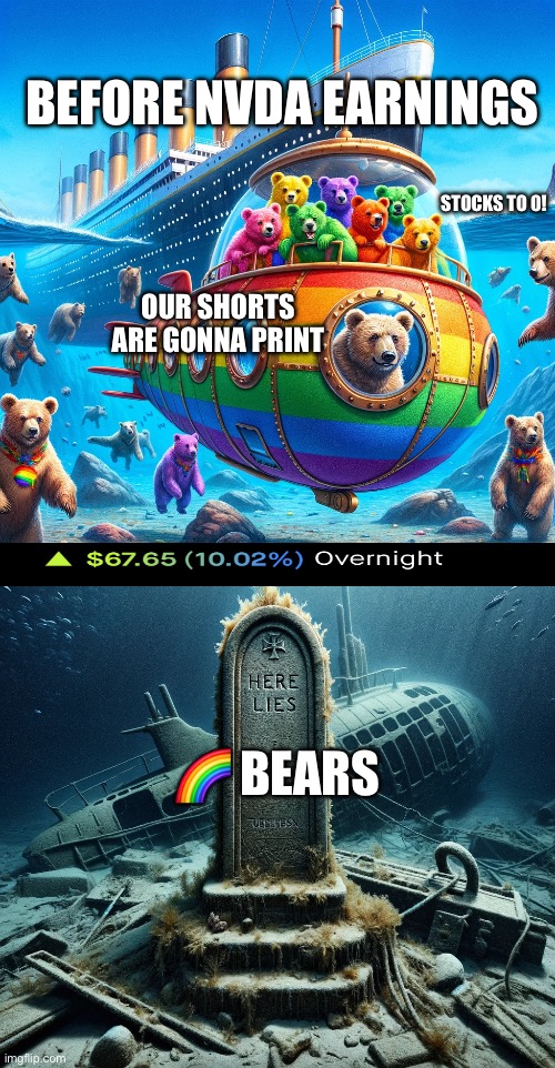 Nvidia Bears Imploded | BEFORE NVDA EARNINGS; STOCKS TO 0! OUR SHORTS ARE GONNA PRINT; 🌈 BEARS | image tagged in bears on the titan sub before implosion | made w/ Imgflip meme maker