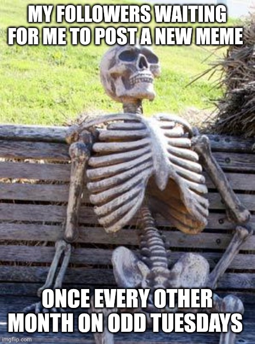 Sorry school's been keeping me busy, I'll try to keep on the grind though | MY FOLLOWERS WAITING FOR ME TO POST A NEW MEME; ONCE EVERY OTHER MONTH ON ODD TUESDAYS | image tagged in memes,waiting skeleton,funny | made w/ Imgflip meme maker