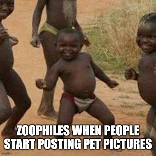 Third World Success Kid | ZOOPHILES WHEN PEOPLE START POSTING PET PICTURES | image tagged in memes,third world success kid | made w/ Imgflip meme maker
