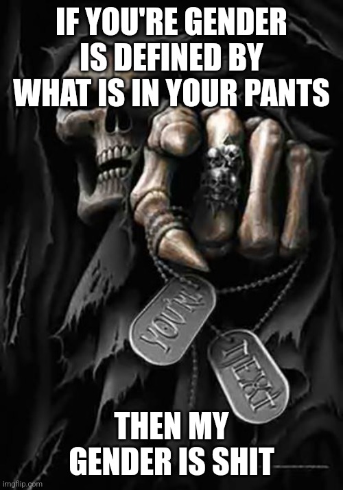 Grim Reaper | IF YOU'RE GENDER IS DEFINED BY WHAT IS IN YOUR PANTS; THEN MY GENDER IS SHIT | image tagged in grim reaper | made w/ Imgflip meme maker