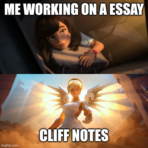 Overwatch Mercy Meme | ME WORKING ON A ESSAY; CLIFF NOTES | image tagged in overwatch mercy meme | made w/ Imgflip meme maker