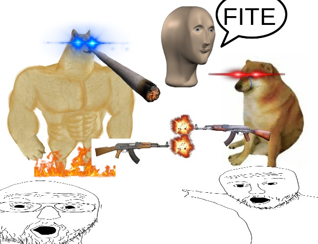 I told my 6 year old cousin about Buff Doge vs cheems. He took the "vs" a bit too literally. | FITE | image tagged in memes,buff doge vs cheems | made w/ Imgflip meme maker