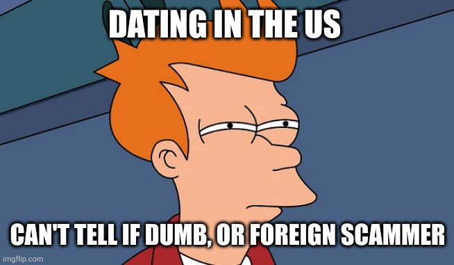 Dating in the US | DATING IN THE US; CAN'T TELL IF DUMB, OR FOREIGN SCAMMER | image tagged in can't tell if,dating,online dating | made w/ Imgflip meme maker