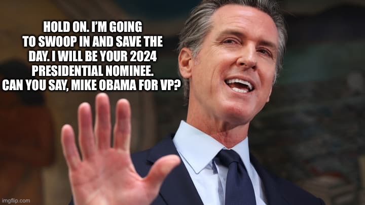 California Nazi/Governor Gavin Newsom | HOLD ON. I’M GOING TO SWOOP IN AND SAVE THE DAY. I WILL BE YOUR 2024 PRESIDENTIAL NOMINEE. CAN YOU SAY, MIKE OBAMA FOR VP? | image tagged in california nazi/governor gavin newsom | made w/ Imgflip meme maker