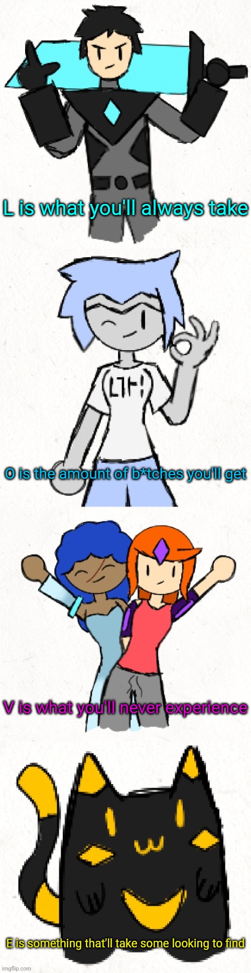 I was inspired by a YouTube short but wanted to make if funny. Link in comments | L is what you'll always take; O is the amount of b*tches you'll get; V is what you'll never experience; E is something that'll take some looking to find | made w/ Imgflip meme maker