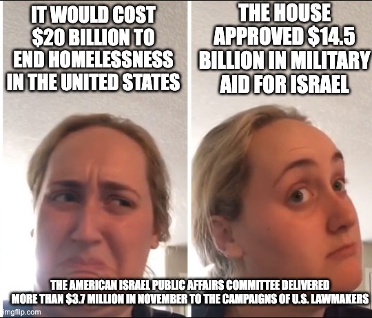 Because homeless people do not donate money to politicians! | THE HOUSE APPROVED $14.5 BILLION IN MILITARY AID FOR ISRAEL; IT WOULD COST $20 BILLION TO END HOMELESSNESS IN THE UNITED STATES; THE AMERICAN ISRAEL PUBLIC AFFAIRS COMMITTEE DELIVERED MORE THAN $3.7 MILLION IN NOVEMBER TO THE CAMPAIGNS OF U.S. LAWMAKERS | image tagged in kombucha girl | made w/ Imgflip meme maker