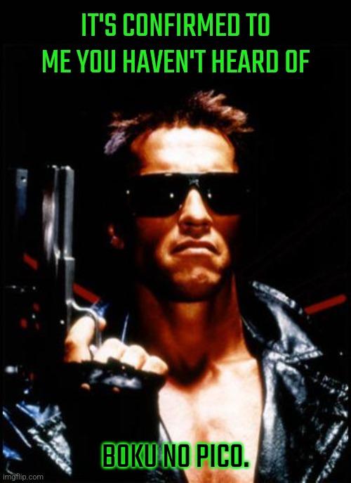 terminator arnold schwarzenegger | IT'S CONFIRMED TO ME YOU HAVEN'T HEARD OF BOKU NO PICO. | image tagged in terminator arnold schwarzenegger | made w/ Imgflip meme maker