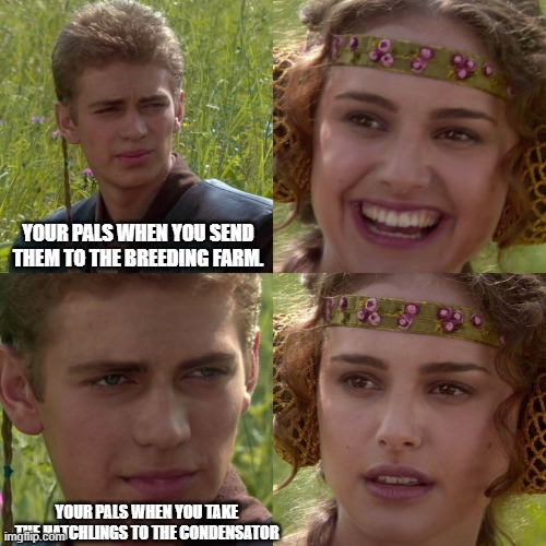 Anakin Padme 4 Panel | YOUR PALS WHEN YOU SEND THEM TO THE BREEDING FARM. YOUR PALS WHEN YOU TAKE THE HATCHLINGS TO THE CONDENSATOR | image tagged in anakin padme 4 panel | made w/ Imgflip meme maker