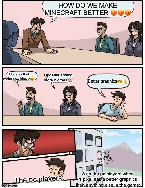 1 PIXEL GUYS, ONE DARN PIXEL?! ??? | HOW DO WE MAKE MINECRAFT BETTER 😡😡😡; Updates adding more biomes🤡; Updates that make new blocks🤩; Better graphics🤓👆; Also the pc players when 1 pixel has a better graphics then anything else in the game:; The pc players: | image tagged in memes,boardroom meeting suggestion | made w/ Imgflip meme maker