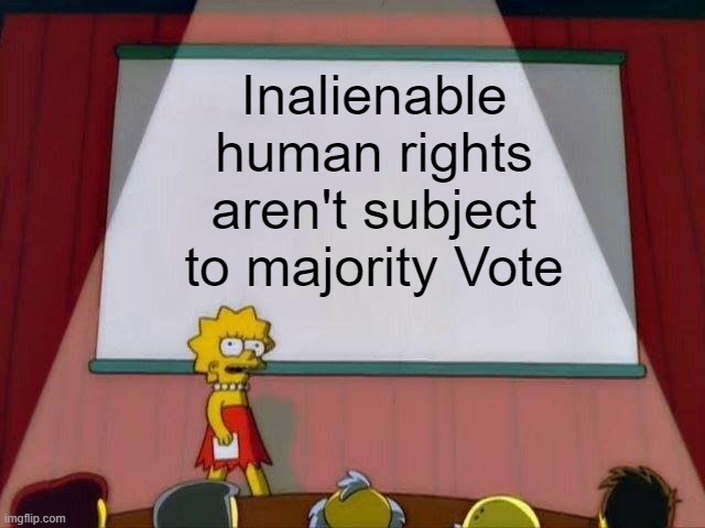 Lisa Simpson's Presentation | Inalienable human rights aren't subject to majority Vote | image tagged in lisa simpson's presentation,human rights | made w/ Imgflip meme maker