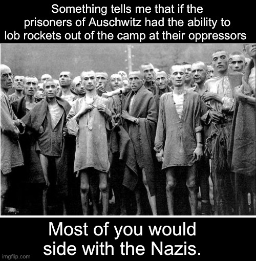 Foolishly assuming most of you don’t already. | Something tells me that if the prisoners of Auschwitz had the ability to lob rockets out of the camp at their oppressors; Most of you would side with the Nazis. | image tagged in holocaust,israel,palestine,nazi,zionist,genocide | made w/ Imgflip meme maker