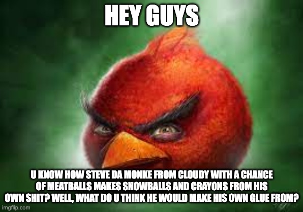 Realistic Red Angry Birds | HEY GUYS; U KNOW HOW STEVE DA MONKE FROM CLOUDY WITH A CHANCE OF MEATBALLS MAKES SNOWBALLS AND CRAYONS FROM HIS OWN SHIT? WELL, WHAT DO U THINK HE WOULD MAKE HIS OWN GLUE FROM? | image tagged in realistic red angry birds | made w/ Imgflip meme maker