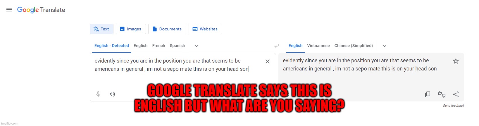 GOOGLE TRANSLATE SAYS THIS IS
ENGLISH BUT WHAT ARE YOU SAYING? | made w/ Imgflip meme maker