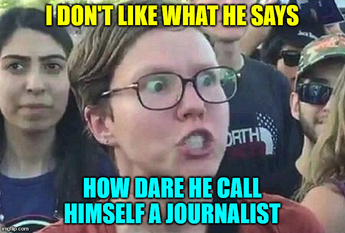 Triggered Liberal | I DON'T LIKE WHAT HE SAYS HOW DARE HE CALL HIMSELF A JOURNALIST | image tagged in triggered liberal | made w/ Imgflip meme maker