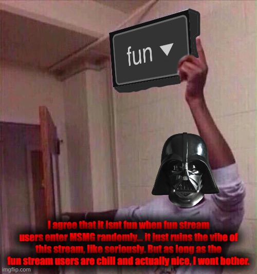 Go back to fun stream | I agree that it isnt fun when fun stream users enter MSMG randomly... it just ruins the vibe of this stream, like seriously. But as long as the fun stream users are chill and actually nice, I wont bother. | image tagged in go back to fun stream | made w/ Imgflip meme maker