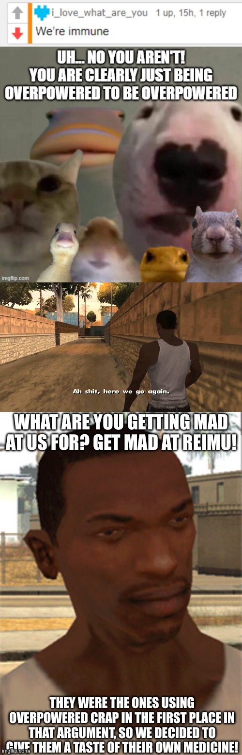 Here we go again… | WHAT ARE YOU GETTING MAD AT US FOR? GET MAD AT REIMU! THEY WERE THE ONES USING OVERPOWERED CRAP IN THE FIRST PLACE IN THAT ARGUMENT, SO WE DECIDED TO GIVE THEM A TASTE OF THEIR OWN MEDICINE! | image tagged in here we go again,carl johnson | made w/ Imgflip meme maker