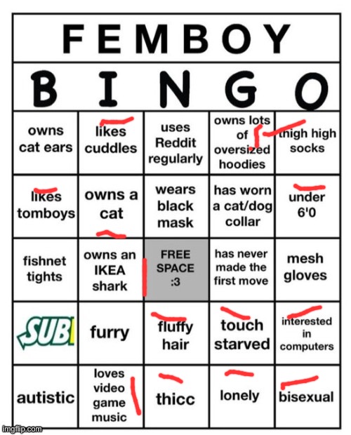 Help me | image tagged in femboy bingo | made w/ Imgflip meme maker