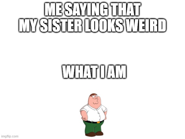 peter grifin time | ME SAYING THAT MY SISTER LOOKS WEIRD; WHAT I AM | image tagged in i have no idea what i am doing | made w/ Imgflip meme maker