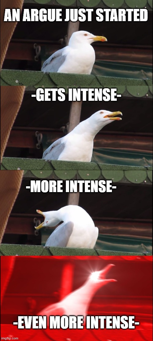 Inhaling Seagull | AN ARGUE JUST STARTED; -GETS INTENSE-; -MORE INTENSE-; -EVEN MORE INTENSE- | image tagged in memes,inhaling seagull | made w/ Imgflip meme maker