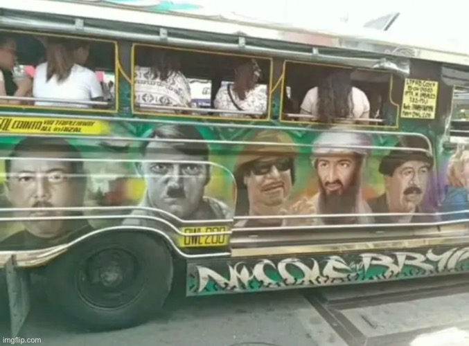 Idk what to put for title | image tagged in cursed image,bus,adolf hitler,osama bin laden | made w/ Imgflip meme maker