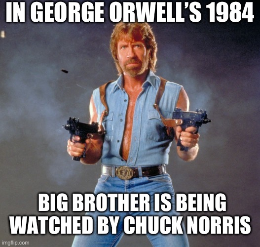 Chuck Norris Guns Meme | IN GEORGE ORWELL’S 1984; BIG BROTHER IS BEING WATCHED BY CHUCK NORRIS | image tagged in memes,chuck norris guns,chuck norris | made w/ Imgflip meme maker