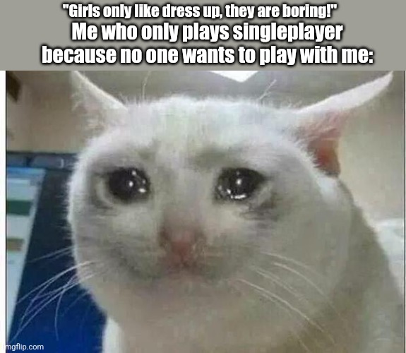 :( | "Girls only like dress up, they are boring!"; Me who only plays singleplayer because no one wants to play with me: | image tagged in crying cat | made w/ Imgflip meme maker