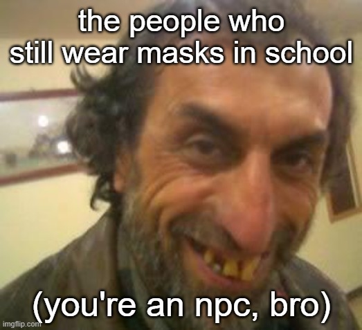 stop already | the people who still wear masks in school; (you're an npc, bro) | image tagged in meme,funny,npc,school | made w/ Imgflip meme maker