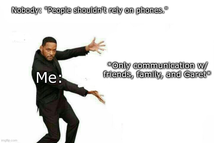 Nothing is perfect  | Nobody: "People shouldn't rely on phones." Me: *Only communication w/ friends, family, and Garet* | image tagged in nothing is perfect | made w/ Imgflip meme maker