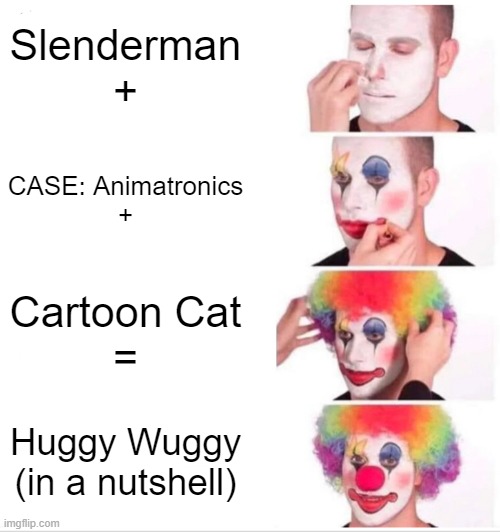 this is what huggy wuggy is made of | Slenderman
+; CASE: Animatronics
+; Cartoon Cat
=; Huggy Wuggy (in a nutshell) | image tagged in memes,clown applying makeup,poppy playtime,cartoon cat,slenderman | made w/ Imgflip meme maker