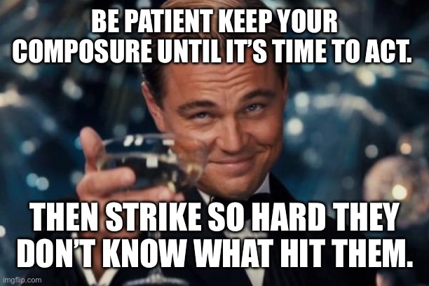 Leonardo Dicaprio Cheers | BE PATIENT KEEP YOUR COMPOSURE UNTIL IT’S TIME TO ACT. THEN STRIKE SO HARD THEY DON’T KNOW WHAT HIT THEM. | image tagged in memes,leonardo dicaprio cheers | made w/ Imgflip meme maker