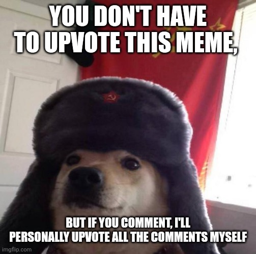 *our | YOU DON'T HAVE TO UPVOTE THIS MEME, BUT IF YOU COMMENT, I'LL PERSONALLY UPVOTE ALL THE COMMENTS MYSELF | image tagged in russian doge | made w/ Imgflip meme maker