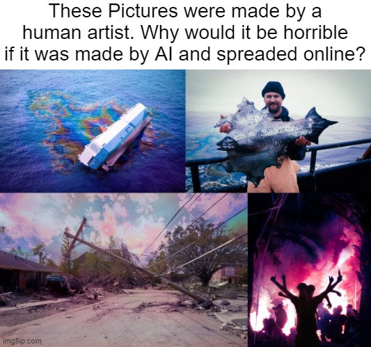 The artist's name is Eduardo 
"Valdevia" Valdés-Hevia | These Pictures were made by a human artist. Why would it be horrible if it was made by AI and spreaded online? | image tagged in memes,politics,valdevia,artificial intelligence | made w/ Imgflip meme maker