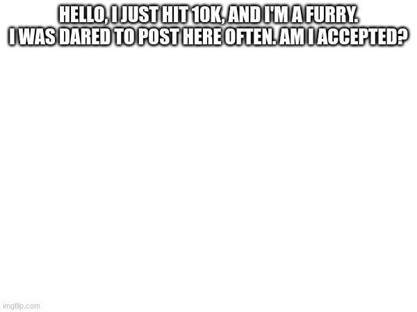 HELLO, I JUST HIT 10K, AND I'M A FURRY. I WAS DARED TO POST HERE OFTEN. AM I ACCEPTED? | made w/ Imgflip meme maker