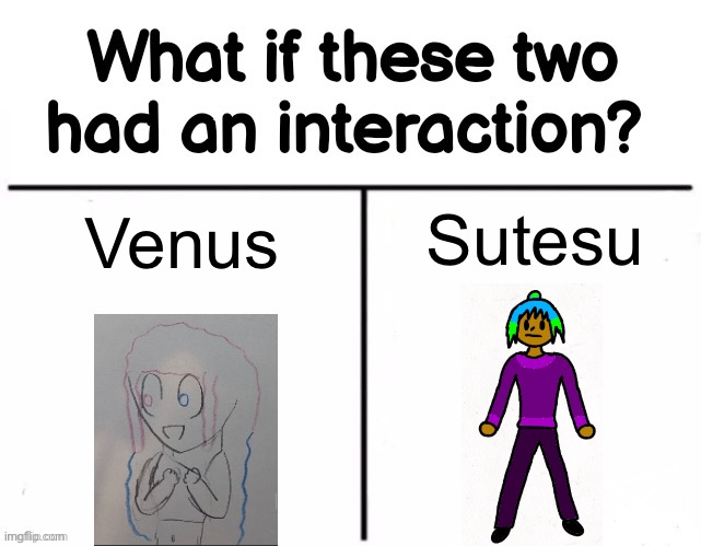 I kinda wonder, because Sutesu was meant to be really nice, and Venus seems really nice, but both of them have a secret that mak | Sutesu; Venus | image tagged in what if these two had an interaction | made w/ Imgflip meme maker