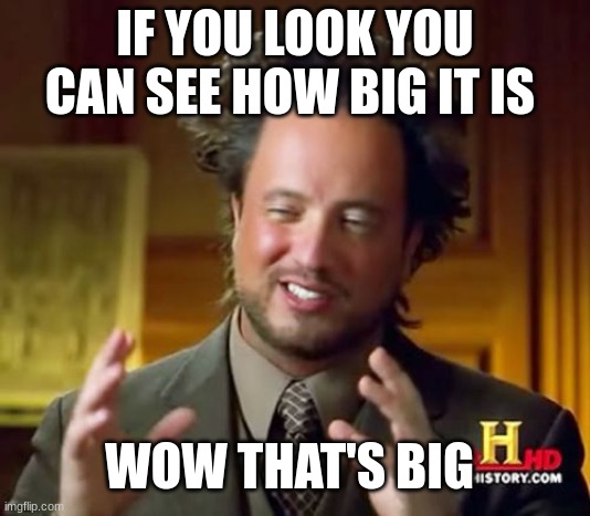 Ancient Aliens Meme | IF YOU LOOK YOU CAN SEE HOW BIG IT IS; WOW THAT'S BIG | image tagged in memes,ancient aliens | made w/ Imgflip meme maker