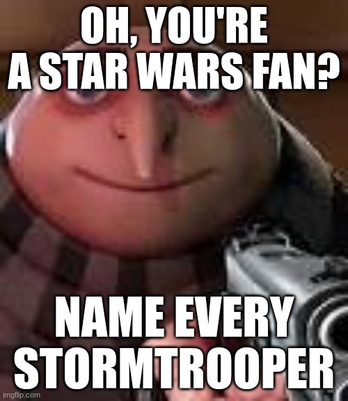 Gru with Gun | OH, YOU'RE A STAR WARS FAN? NAME EVERY STORMTROOPER | image tagged in gru with gun | made w/ Imgflip meme maker