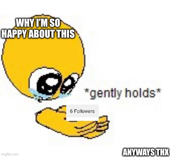 Now 6 people know I exist! | WHY I’M SO HAPPY ABOUT THIS; ANYWAYS THX | image tagged in gently holds emoji,followers,idk | made w/ Imgflip meme maker