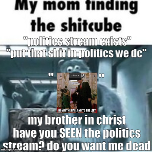 thats like telling me to jump in an active volcano | "politics stream exists"
"put that shit in politics we dc"; "; "; my brother in christ have you SEEN the politics stream? do you want me dead | image tagged in my mom finding the shitcube | made w/ Imgflip meme maker