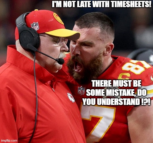 Travis Kelce screaming | I'M NOT LATE WITH TIMESHEETS! THERE MUST BE SOME MISTAKE, DO YOU UNDERSTAND !?! | image tagged in travis kelce screaming | made w/ Imgflip meme maker