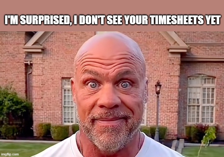 Kurt Angle Stare | I'M SURPRISED, I DON'T SEE YOUR TIMESHEETS YET | image tagged in kurt angle stare | made w/ Imgflip meme maker
