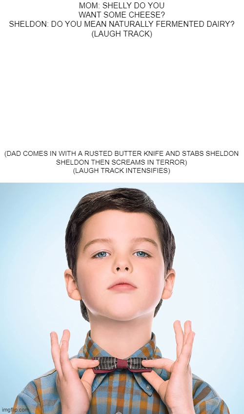 young murder | MOM: SHELLY DO YOU WANT SOME CHEESE?
SHELDON: DO YOU MEAN NATURALLY FERMENTED DAIRY?
(LAUGH TRACK); (DAD COMES IN WITH A RUSTED BUTTER KNIFE AND STABS SHELDON
SHELDON THEN SCREAMS IN TERROR)
(LAUGH TRACK INTENSIFIES) | image tagged in blank white template,young sheldon | made w/ Imgflip meme maker