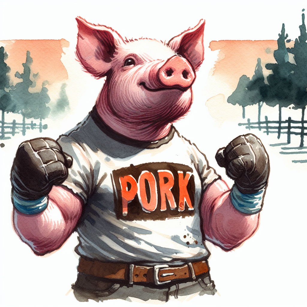 Pig with fists clenched in the air with pork on his t shirt Blank Meme Template