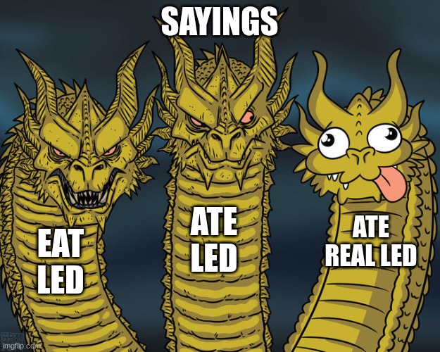 no | SAYINGS; ATE LED; ATE REAL LED; EAT LED | image tagged in three-headed dragon | made w/ Imgflip meme maker