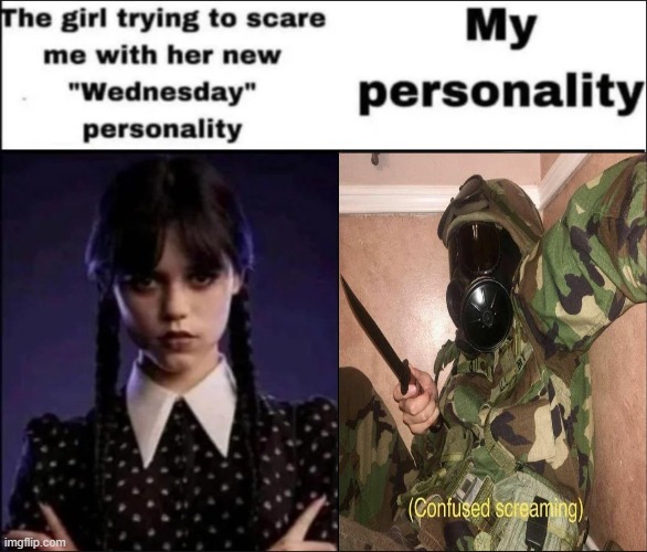 The girl trying to scare me with her new Wednesday personality | image tagged in the girl trying to scare me with her new wednesday personality,confused screaming but with gas mask,operator bravo,memes | made w/ Imgflip meme maker