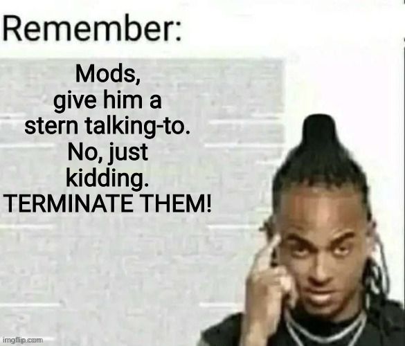Remember | Mods, give him a stern talking-to. No, just kidding. TERMINATE THEM! | image tagged in remember | made w/ Imgflip meme maker