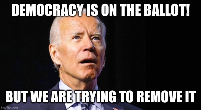 Democracy is on the ballot | DEMOCRACY IS ON THE BALLOT! BUT WE ARE TRYING TO REMOVE IT | image tagged in confused joe biden | made w/ Imgflip meme maker