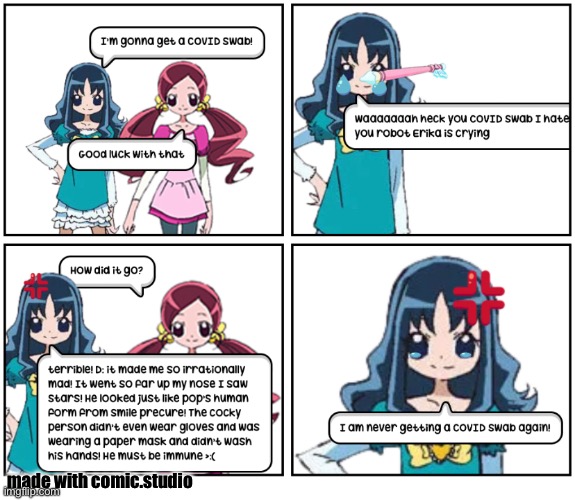 Erika gets a covid swab (made by me, comic.studio) | made with comic.studio | image tagged in precure,heartcatch precure,comic studio,covid swab | made w/ Imgflip meme maker