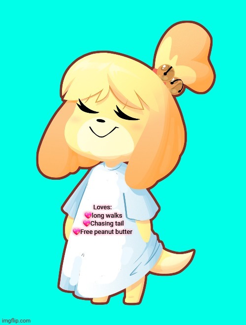 Isabelle Shirt | Loves: 
?long walks
?Chasing tail
?Free peanut butter | image tagged in isabelle shirt | made w/ Imgflip meme maker