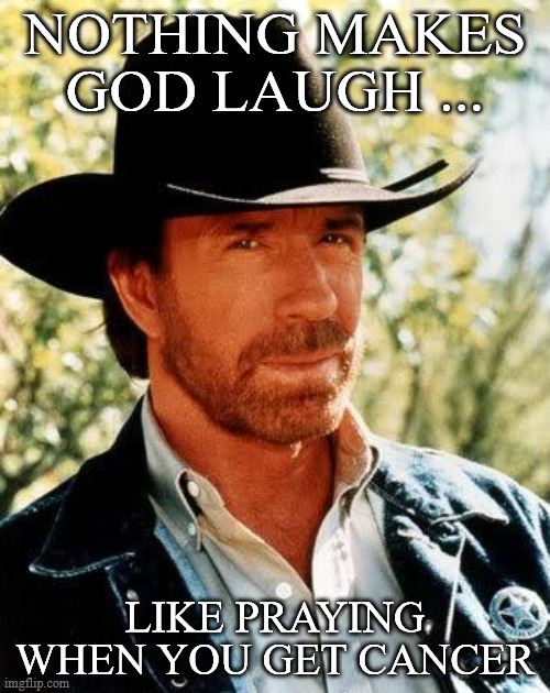 Chuck Norris Meme | NOTHING MAKES GOD LAUGH ... LIKE PRAYING WHEN YOU GET CANCER | image tagged in memes,chuck norris | made w/ Imgflip meme maker